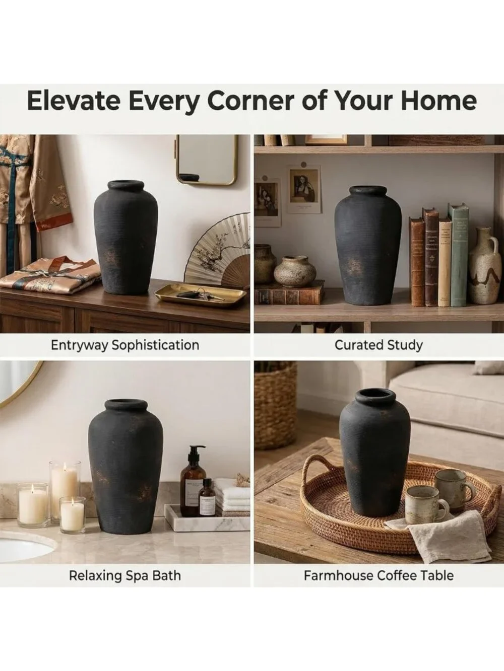 Large Matte Black Vintage Ceramic Flower Vase - Distressed Bronze Farmhouse